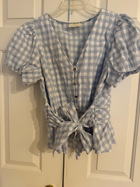 Anthropologie Tops - Anthropologie Light Blue and White Gingham Button-Front Tie-Waist Blouse